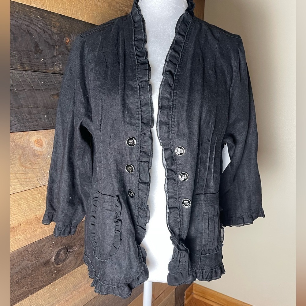 Multiples Linen Three Quarters Sleeve Black Cardigan PXL